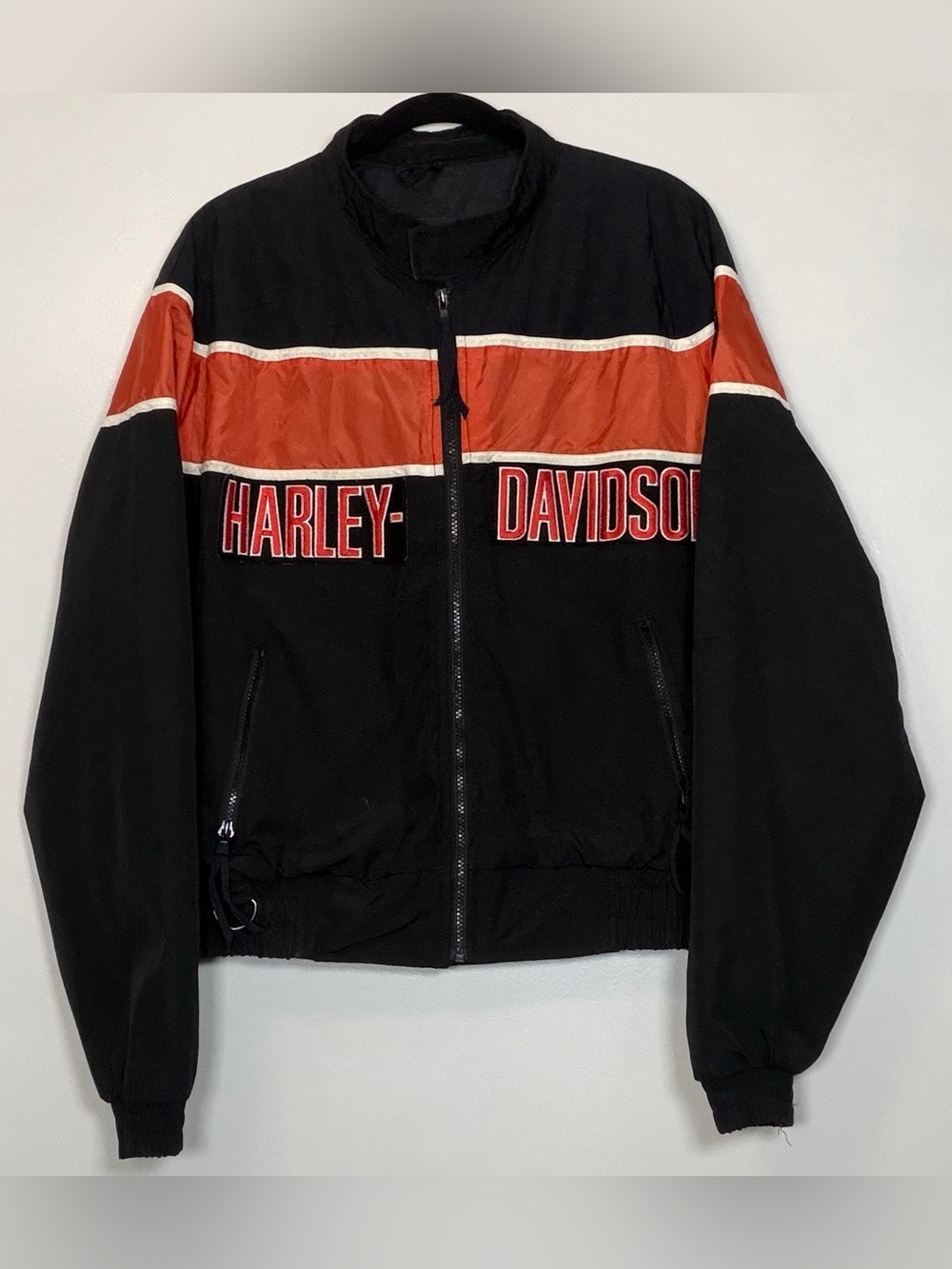 Vintage Nylon Harley-Davidson Black and Orange Zip Front Bomber Jacket